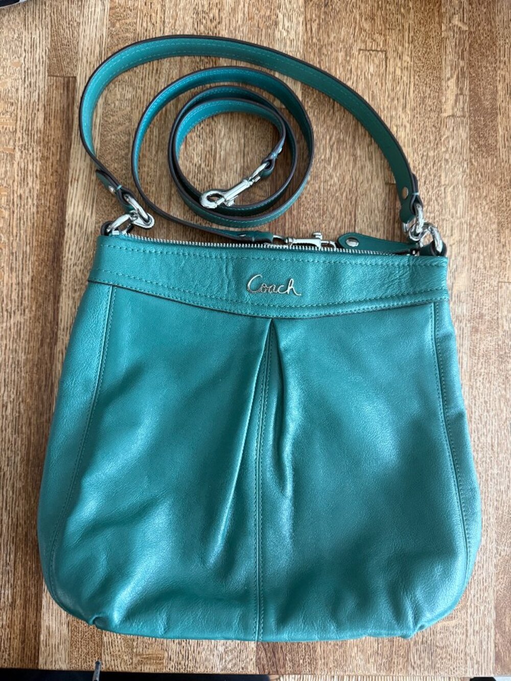Coach Ashley Style Turquoise Teal Leather Crossbody Bag Pleated Silver Hardware